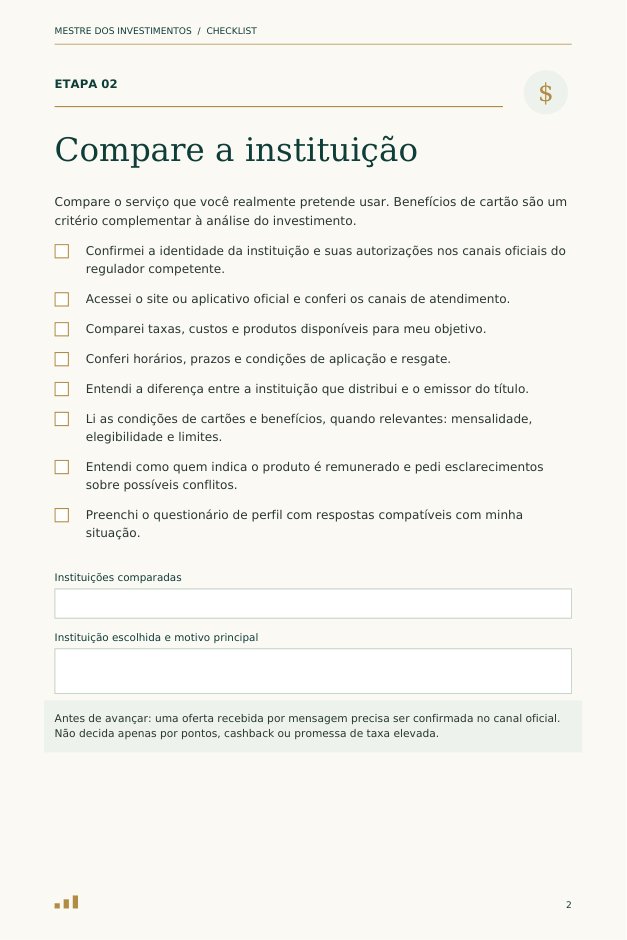 Página real do checklist com itens para comparar uma instituição