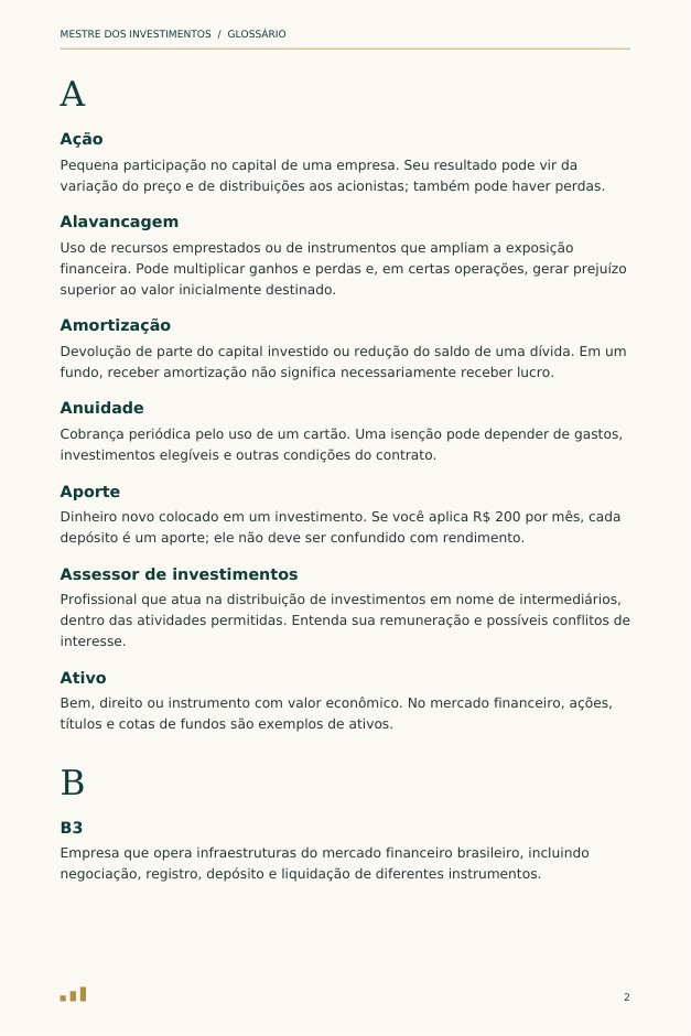 Página real do glossário com definições de investimentos